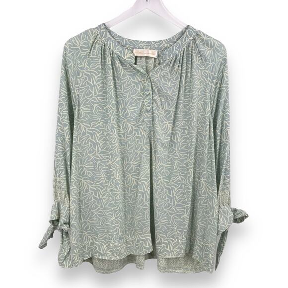 Natalie Martin Printed Popover Blouse S V-Neck 3/4 Sleeve Peasant Tie Cuff - Picture 1 of 6